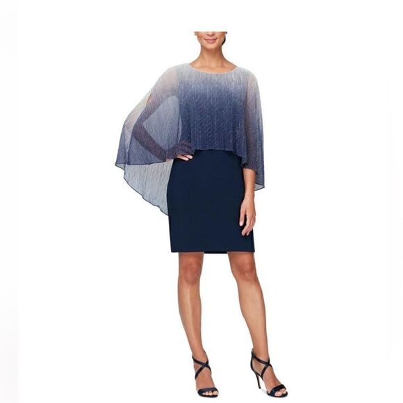 NWT SLNY WOMENS METALLIC CAPE MINI TWO PIECE DRESS navy silver size 18 N… - Picture 5 of 14